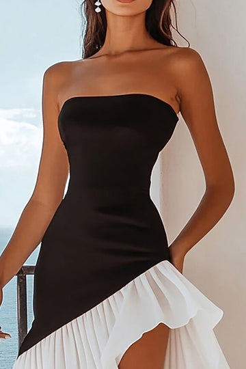 Black and White A Line Ruffled Asymmetrical Cocktail Dress